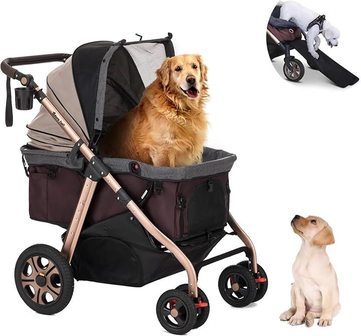 滑り止めスロープ ペットカート 犬 バギー 4輪 犬用かーと 小型犬 中型犬 大型犬 多頭 ペットキャリーカート ワンタッチ折り畳み 自立式 大口径タイヤ (ベージュ（G5）)
