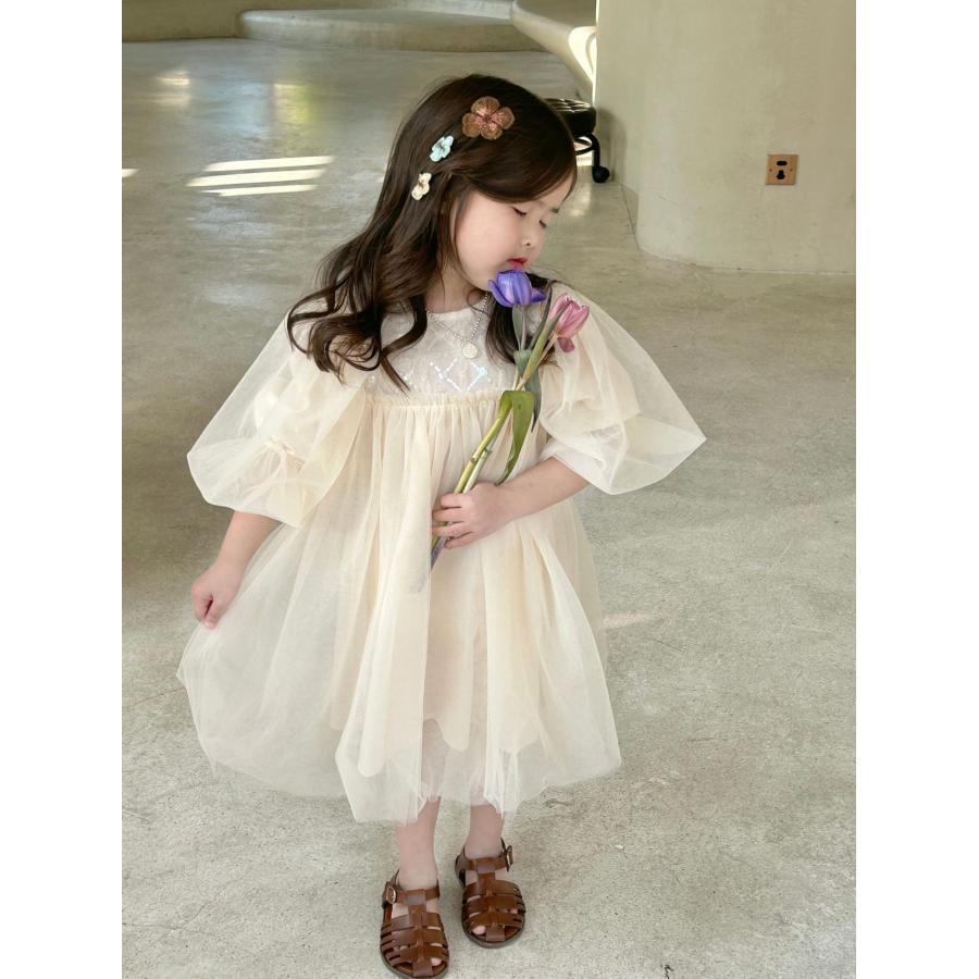 チュールワンピース ベビー ドレス キッズ レースワンピ フレア 肩フリル 女の子 子ども服 フォーマル 紗裙 結婚式 七五三 Aライン チュール袖