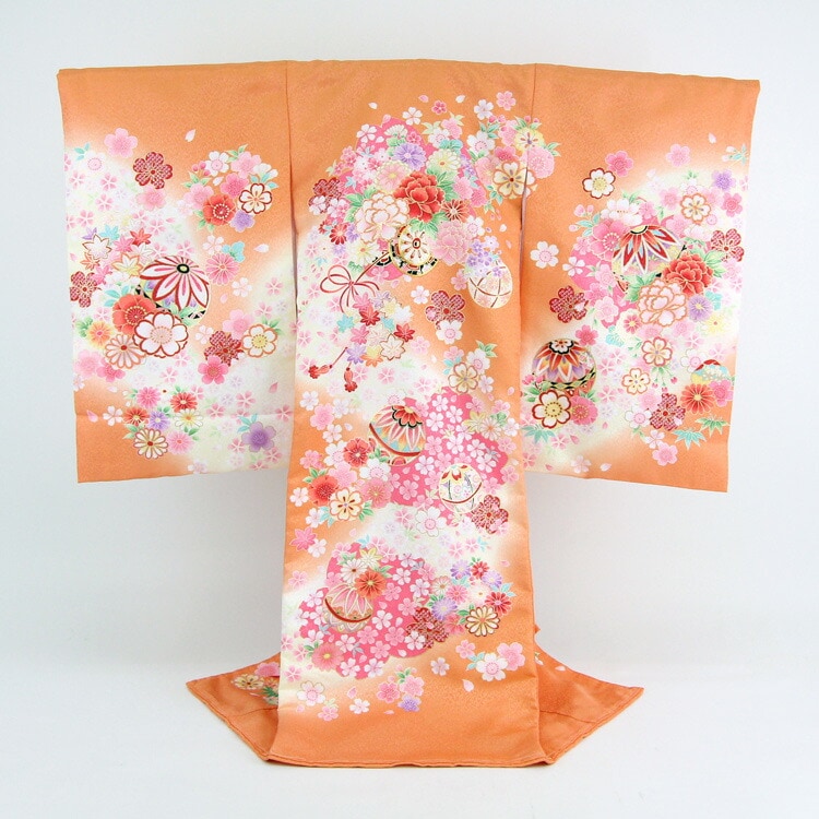 レンタル お宮参り 着物 女の子 レンタル オレンジ地に花車と鞠に牡丹 お宮参り レンタル 衣装 女児 祝着　初着 産着 レンタル衣装