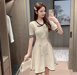 週末に着たい服 自社生産💛早い者勝ち 2020年夏 ダブルボタン エレガント 縫付 半袖 Aライン ギャザリング ニットワンピース スリム ミニスカート レディース ハイウエスト 気質