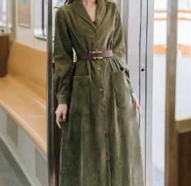 コーデュロイ ベルト ワンピース シャツワンピース ワンピース ロング丈 長袖 Vネック 襟付き 細身 ストレート ワイド スマート ウエストマーク ポケット 前開き ブルーデニム 大人可愛い