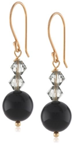 Gold Over Silver Black Onyx and Brilliant Black Color Swarovski Elements Drop Earrings
