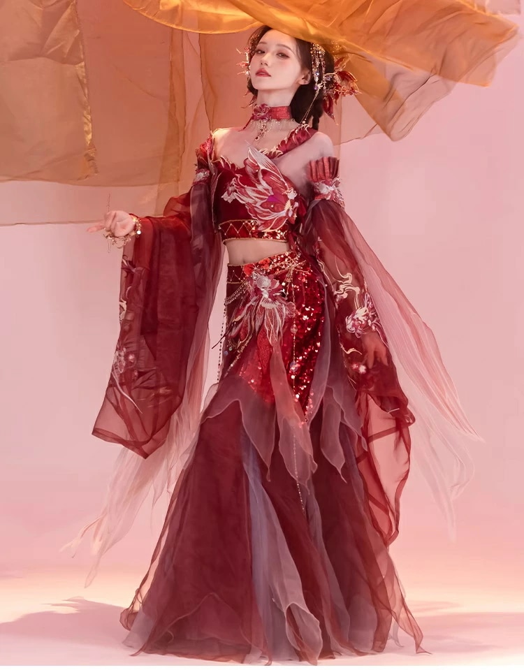 敦煌異国漢服 中華 3点4点セット 赤金系 チャイナ服 華やかな刺繍 仮装 コスプレ服 人魚姫 チョーカー コスプレ へそ出し セクシー 古典ダンス 舞娘 異国姫 仙女 上下セット エレガント コス