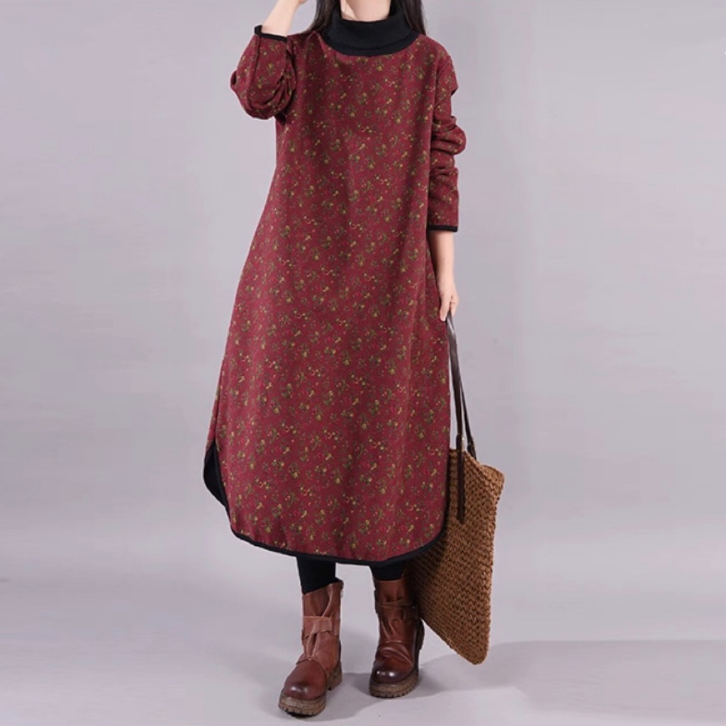 レディース ワンピース チュニック ミモレ 長袖 ハイネック Aライン サイドスリット ポケット 切り替えデザイン 裏起毛 大人可愛い きれいめ シンプル カジュアル おしゃれ レトロ こなれ感 ラフ