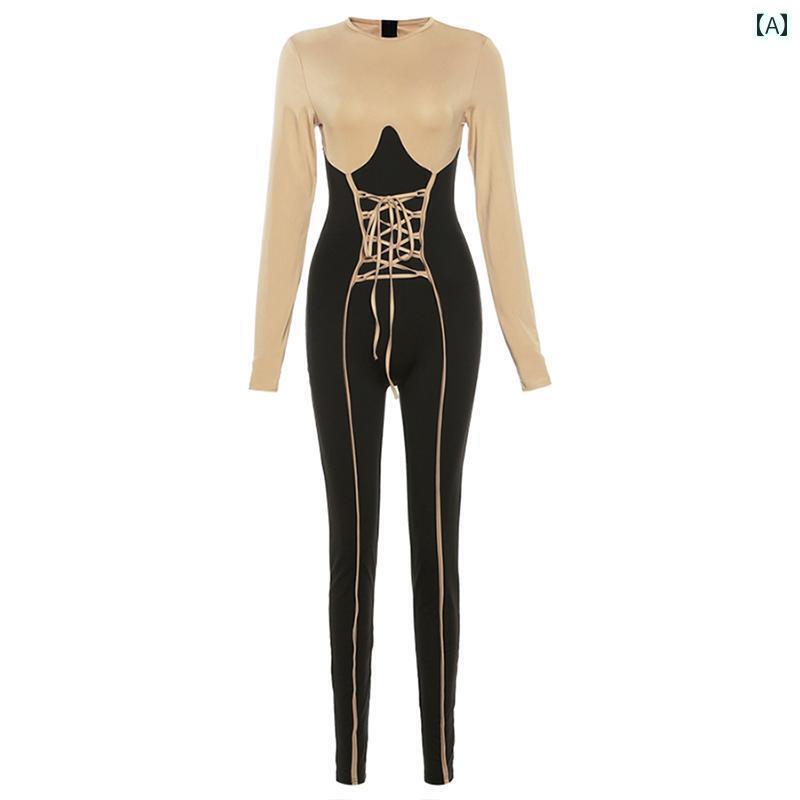 ジャンプ ボディースーツ レディース ハイウエスト ストレート オールインワン 長袖 ボトムス 長ズボン ジップ レースアップ カジュアル スリム タイト ロング ストリート ダンス 練習 衣装 スポ