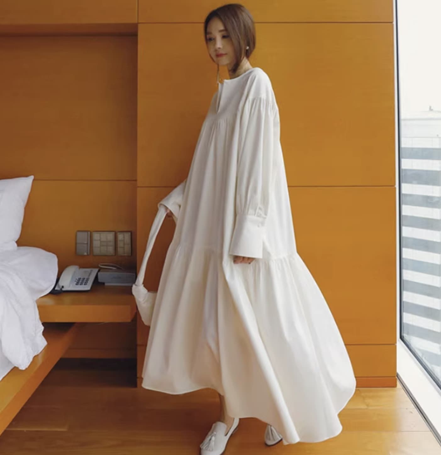 ワンピース ロングスカート フレアワンピース ロング ロング丈 袖あり 長袖 Vネック フレア ワイド Aライン プルオーバー 綿 かわいい きれいめ シンプル カジュアル 大人 上品 おしゃれ