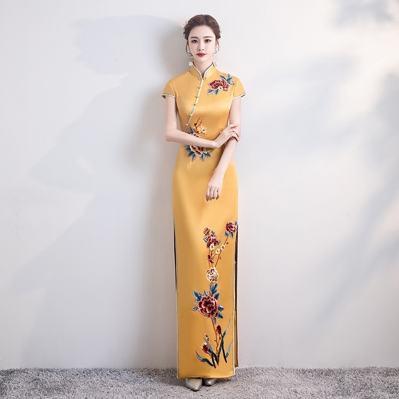 チャイナドレス ワンピース ワンピドレス ロング丈 無地 チャイナネック 結婚式 エレガント S M L XL 2XL 3XL スリット マキシ丈 袖あり 半袖 ストレート 切り替えデザイン