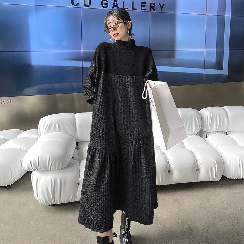 【Noir Mode】高級感溢れる 上品 立ち襟 ニットワンピース スプリット ワンピース レディース ゆったり ファッション Aラインスカート