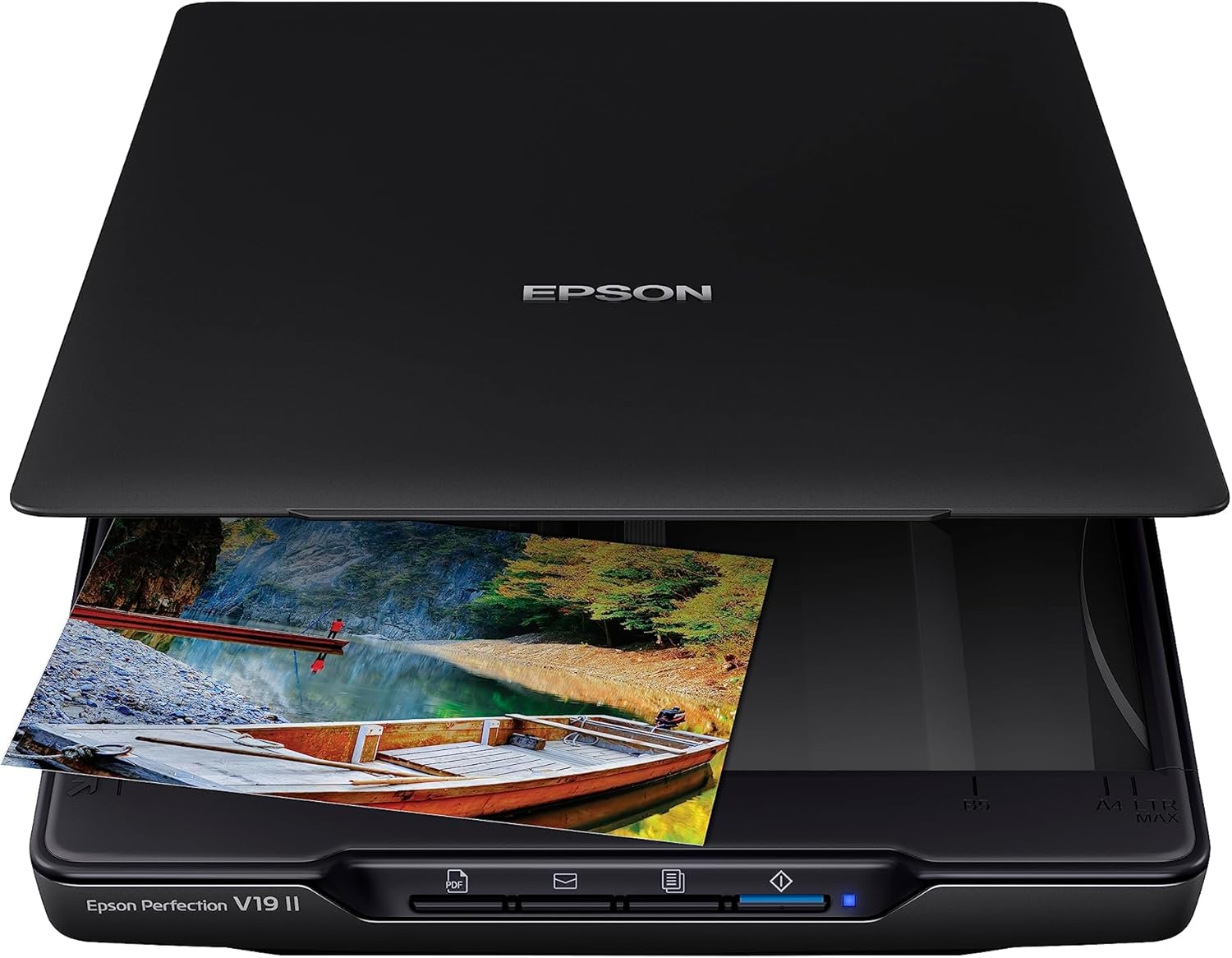Epson Perfection V19 II カラー写真とドキュメントフラットベッドスキャナー 4800dpiの光学解像度USB電源高層取り外し可能な蓋