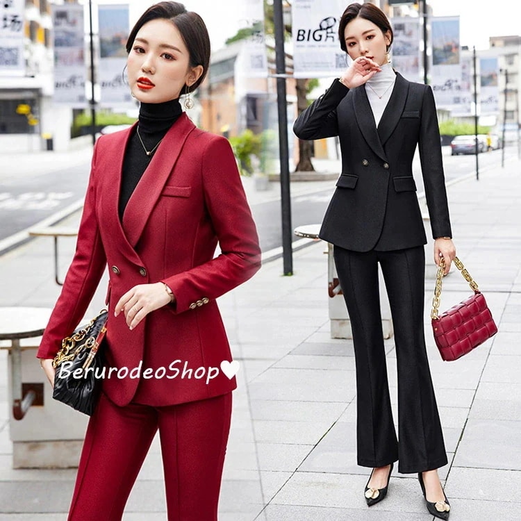 【送料無料】全3色 パンツスーツ レディース 黒 ワイン赤 緑 オフィススーツ 通勤 OL スーツ 2点セット グリーン ワインレッド ワイドパンツ オシャレ 着瘦せ スーツセット ビジネススーツ ブ