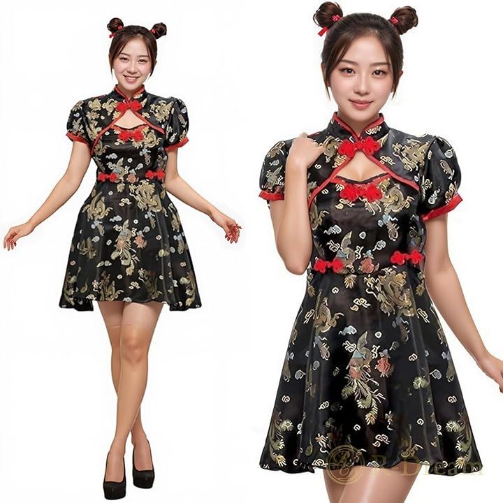 チャイナドレス コスプレ チャイナ服 大きいサイズ セクシー ミニ丈 ミニスカ コスチューム 衣装 可愛い ガーリー 萌え ハロウィン 仮装 (ブラックXXL)