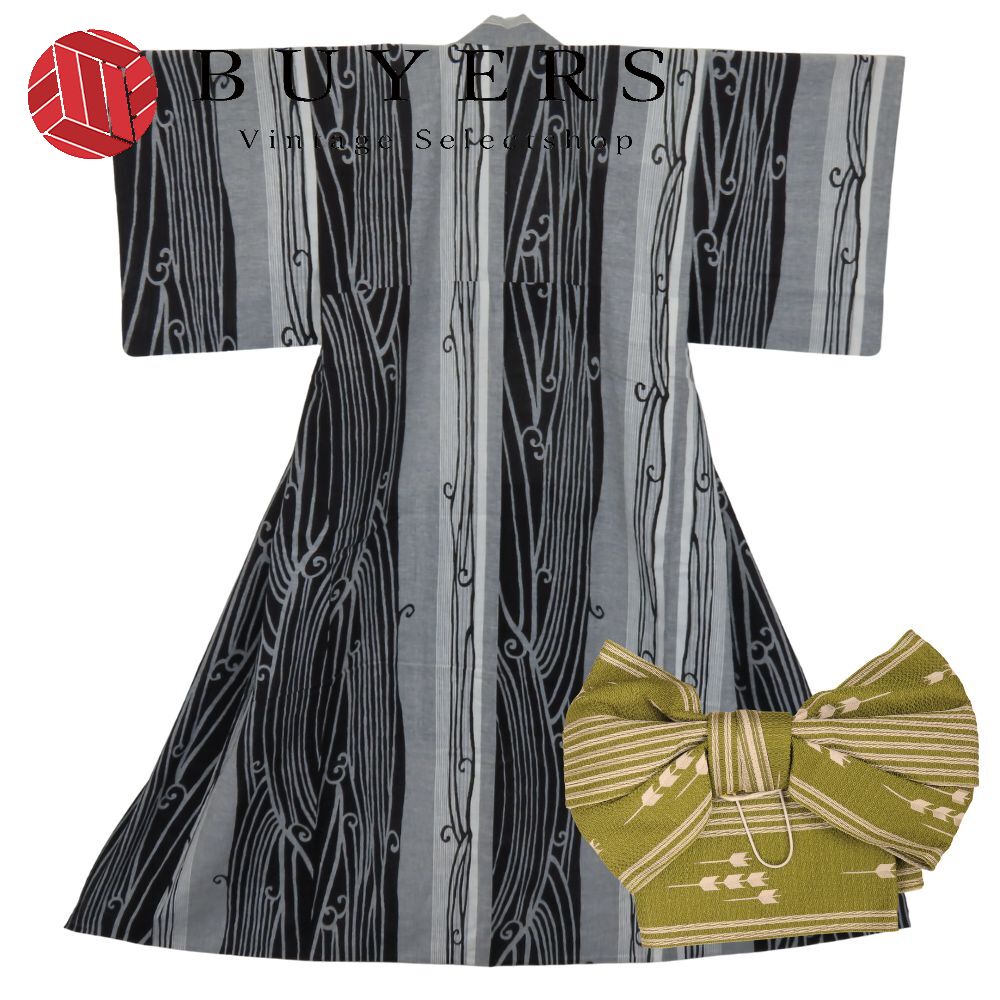 中古 浴衣 2点セット 作り帯 綿麻 ポリエステル グレー グリーン ブラック ホワイト系 注染ゆかた 変わり生地 粋 和装 呉服 和服 きもの レディース 女性 8,140円