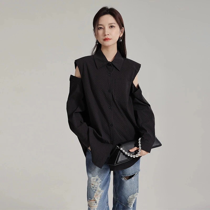 【J.Fashion】2025/ラペル/カジュアル/フレンチカット/シャツ/トップス/ゆったり/無地/シルエット/シャツ関連商品は店で購入可能30%までに制限