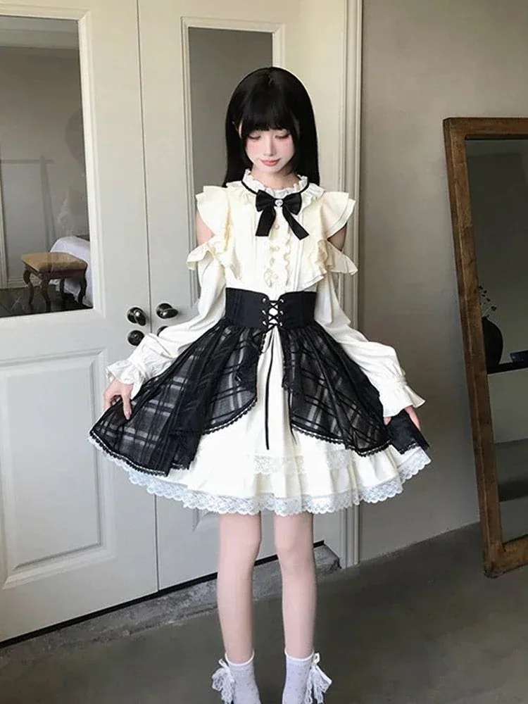 白黒 オフショルダー お嬢様風 長袖ワンピース ＋ オーバースカート 清楚系 セット レディース ロリータ