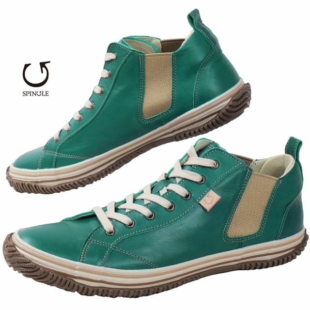 スピングル メンズ スニーカー ミッドカット カジュアルシューズ レディース 本革 メイドインジャパン レザースニーカー カンガルーレザー 日本製 SP-442 グリーン 靴
