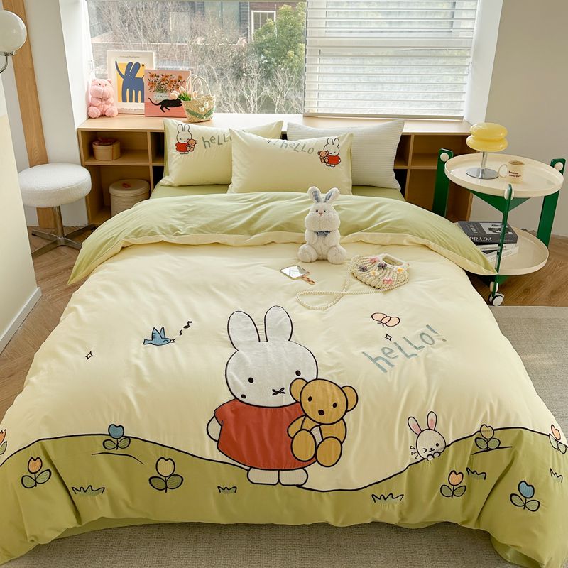 漫画かわいいミッフィーコットンウォッシュドコットン4点セット子供用長耳うさぎワッペン刺繍コットンキルトカバー寝具