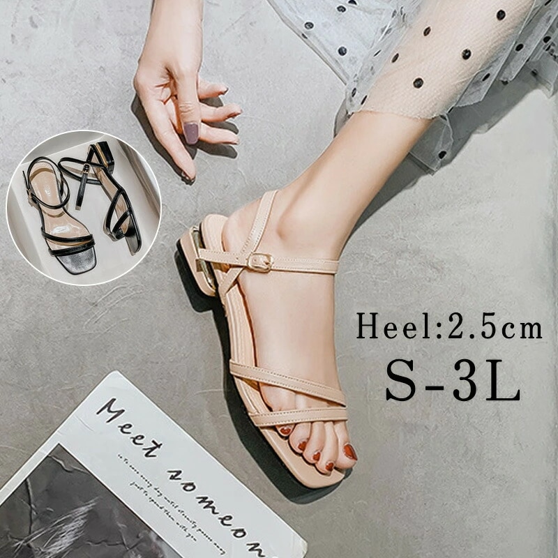 サンダル レディース クリアヒール ローヒール ぺたんこ フラット 歩きやすい 履きやすい スクエ