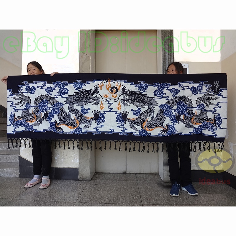 Chinese Folk Art Wall Decor Hanging Batik Tapestry Two Dragons Playing With A Pearl 80(H)x230cm