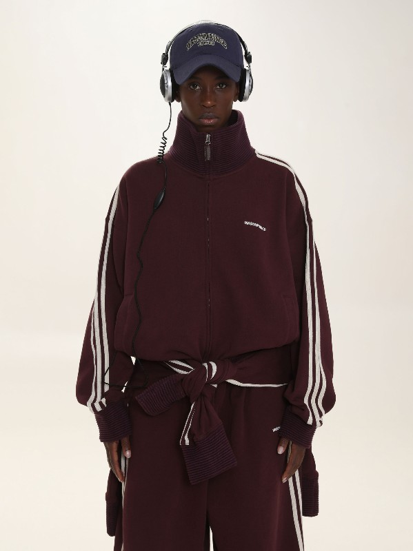 アメリカンスタイルの配色スポーツレトロスタンドカラーカーディガンスーツメンズルーズカジュアルジャケットトレンド