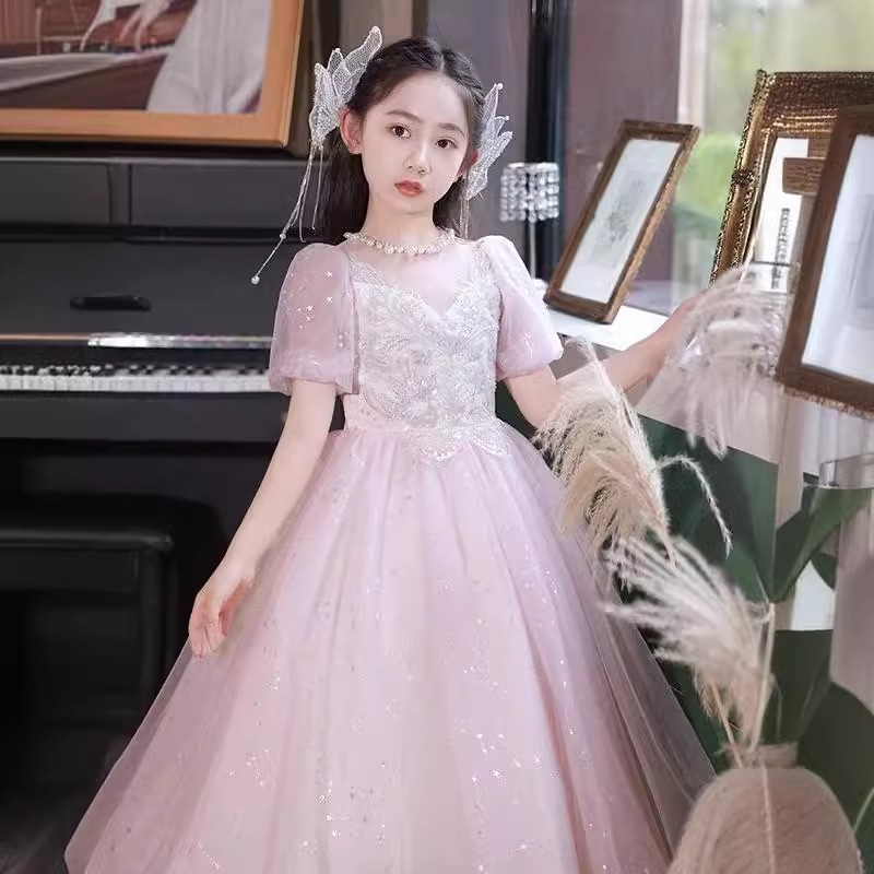 ガールズドレスホストピンクプリンセスドレス子供フラワーガールウェディングリトルガールピアノ演奏衣装
