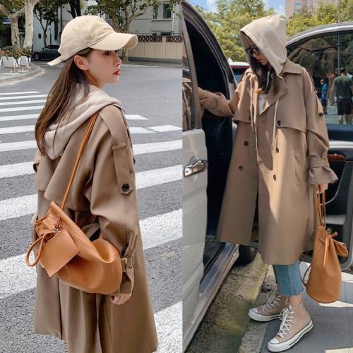 【高品質の製品】トレンチコート スプリングコート フード 付き ロング ライトアウター 春 秋 春先 コート アウター ベージュ グレー スポーティ レディース とろみ かわいい 韓国 バイカラー V