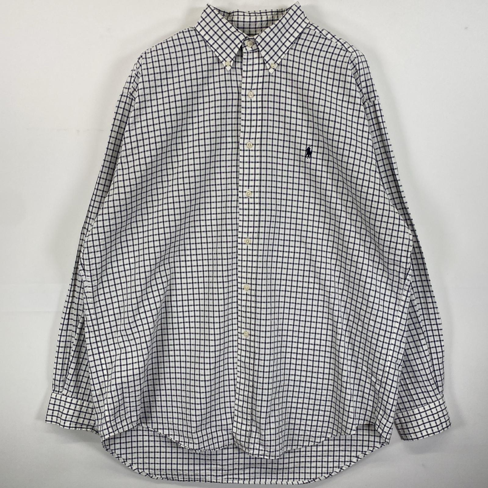 古着 90s/90年代 シアサッカー 長袖シャツ ボタンダウン ワンポイントロゴ ビックリサイズ L ホワイト系 チェック メンズ