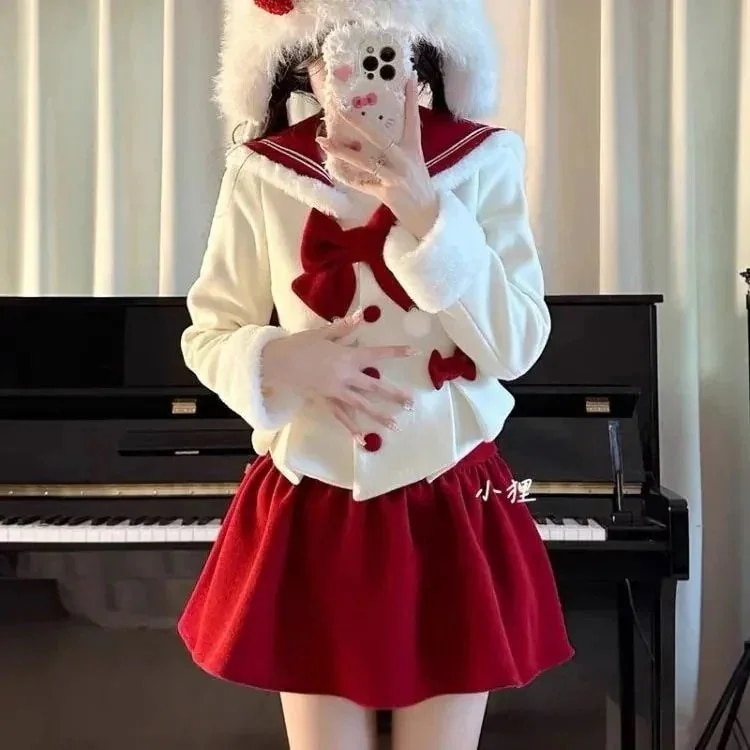 25大人気急速発送無料クリスマス学院風水手首突き出しカラーで腰毛を収めたトップス+着痩せリボンハーフスカートセット