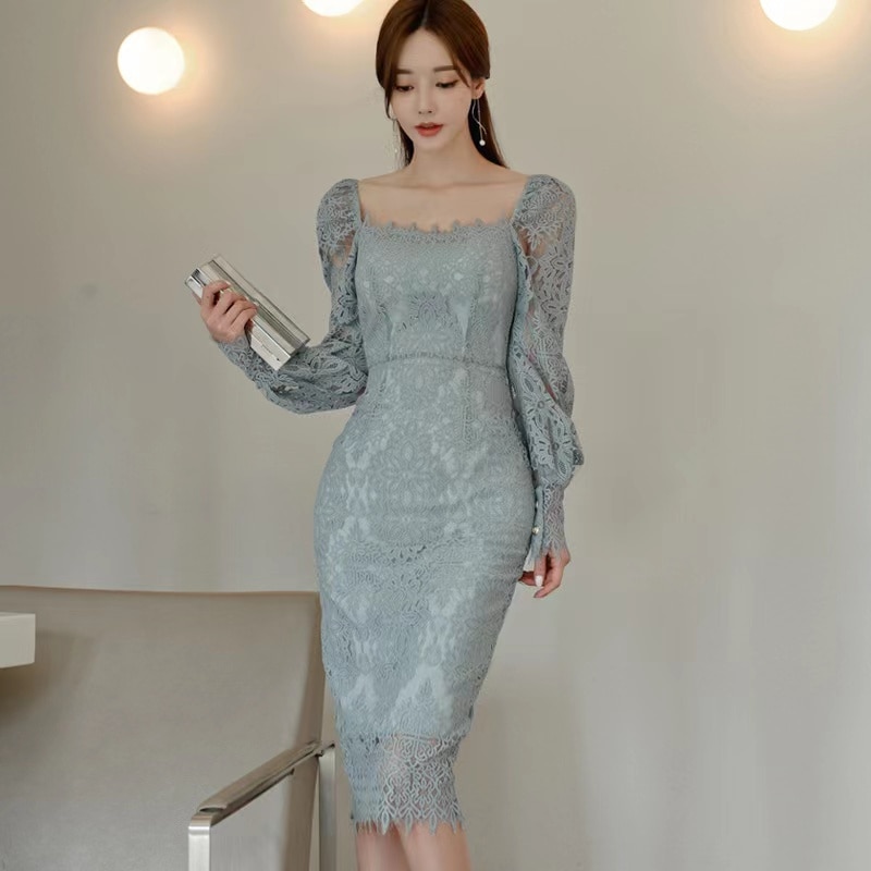 【海外新品】ワンピース ワンピ ドレス スクエアネック 胸元 シャーリング レース 花柄 長袖 パフ袖 タイト ミドル丈 ミディアム丈 ひざ上