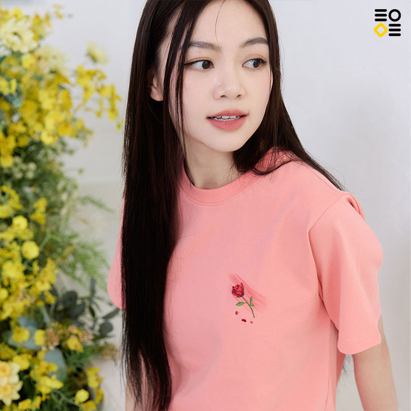フラワーコットンローズTシャツ 花びら刺繍 半袖 コットン 100% 2カラー 4サイズ