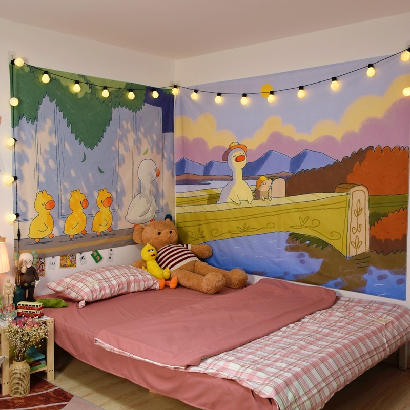 かわいいアヒルの背景布女の子の寝室のベッドサイドの吊り下げ布インターネット有名人のb&bレンタル寮のレイアウトの壁布吊り下げスタイル