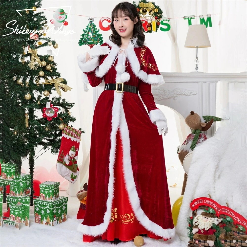 即納あり クリスマス サンタコス サンタクロース サンタさん ロングワンピース ケープ サンタドレス コスチューム サンタ衣装 サンタ服 コスプレ ワインレッド 女性 大人 クリスマス衣装 仮装