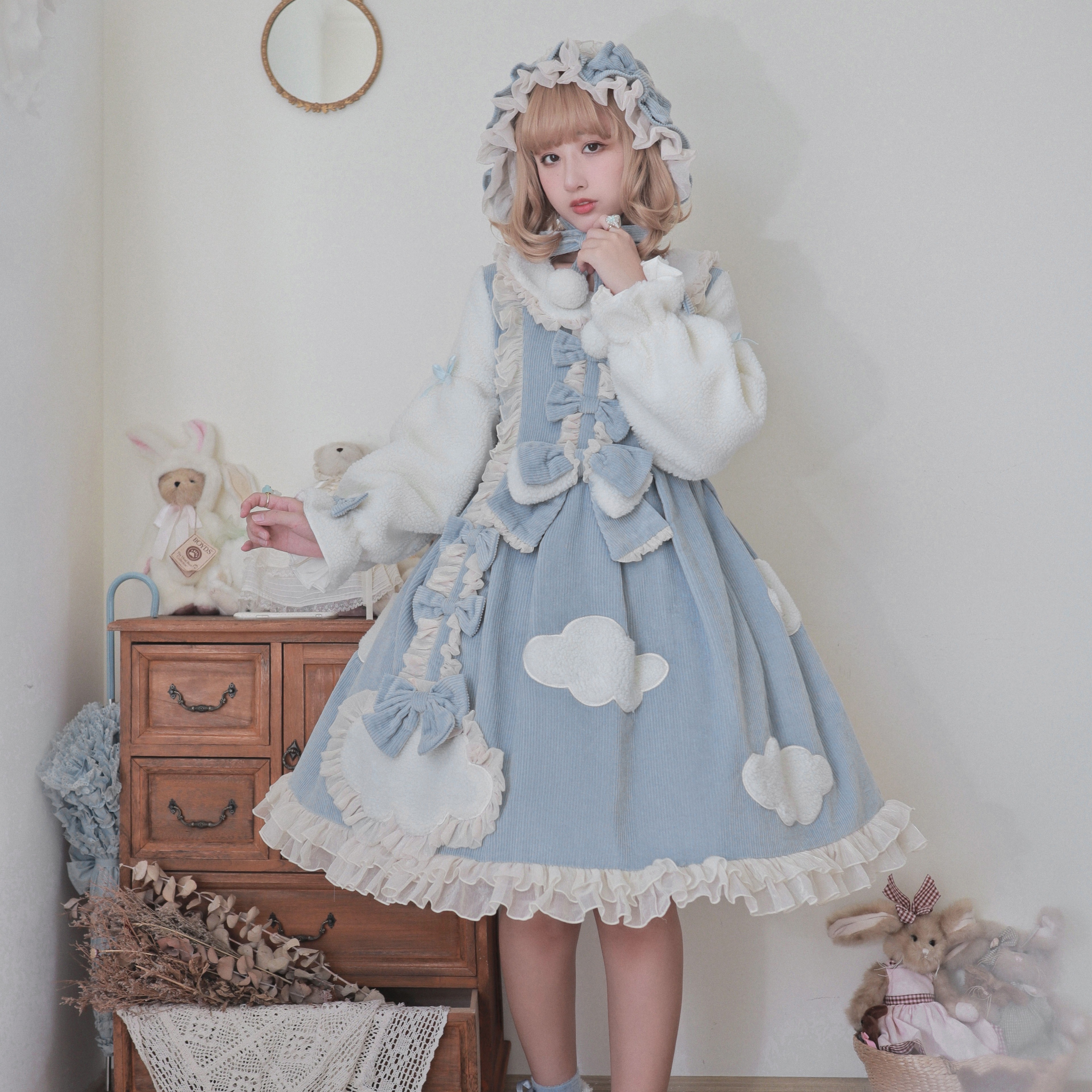 厚い本物の冬の雲が晴れて秋冬プラスベルベットの暖かいロリータロリータ長袖ワンピースop春祭り新年