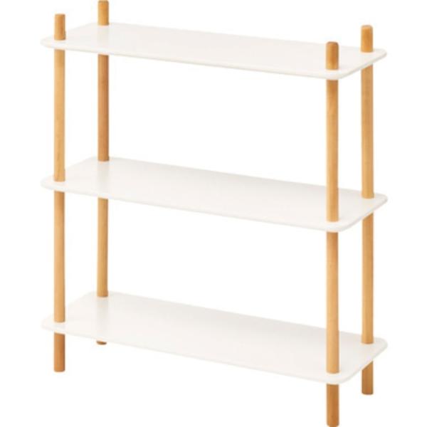 ホワイトの棚と天然木の支柱のオープンラック 3段 北欧 ナチュラル 収納家具 棚 ラック リビング