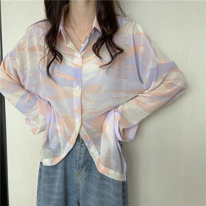 ３色 トップス ブラウス レディース 春夏 かわいい ゆったり 長袖 長袖 襟付き ストレート 前開き 透け感 シースルー 青 ブルー 紫 パープル 黄色 イエロー パステルカラー 春カラー S M