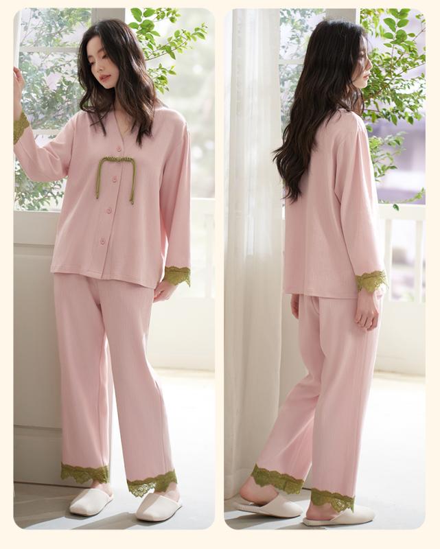 パジャマ レディース 上下セット 春秋 中国風 長袖 ルームウェア 前開き レース 大きいサイズ ウエストゴム 母の日 プレゼント シンプル ピンク 黒 白
