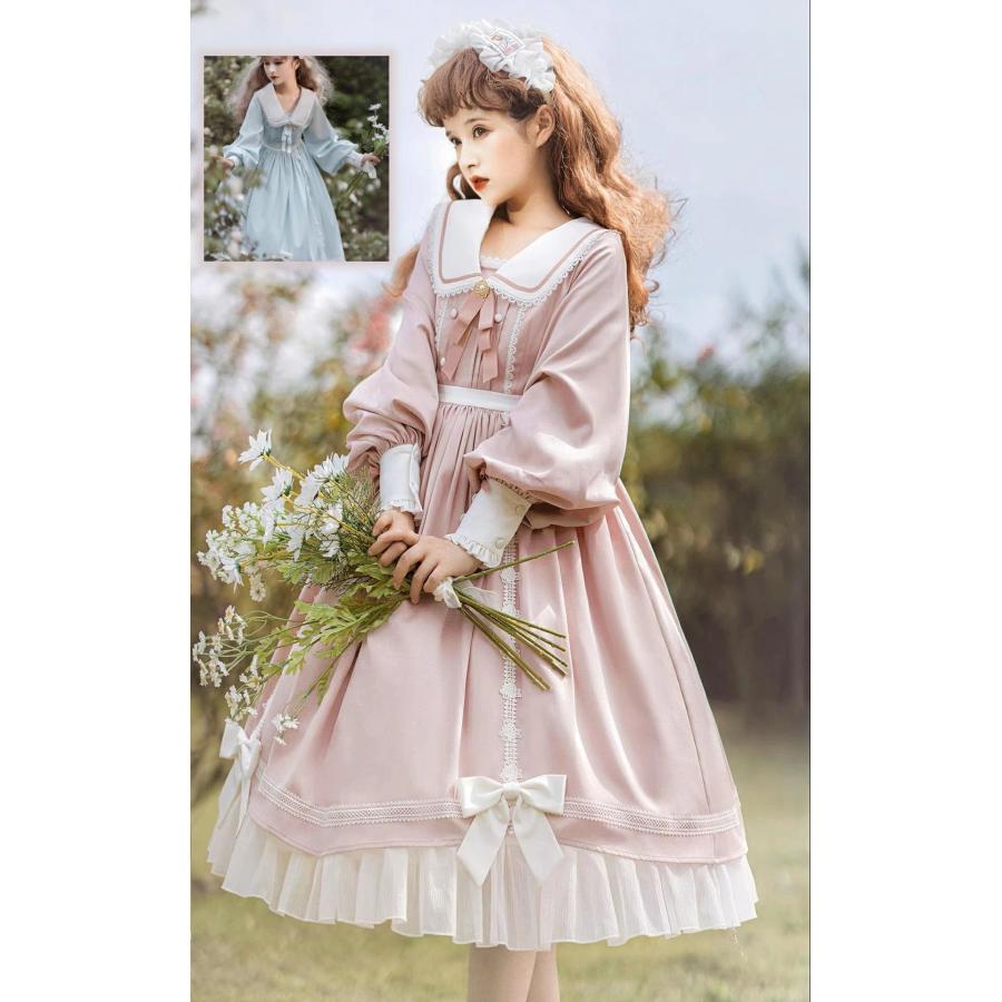 ロリータワンピース セーラー襟 兎耳襟 可愛い リボン フリル裾 長袖 お嬢さん プリンセス ラムスリーブロリータ スリム 洋服 文化祭 学園祭 写真撮り 激萌 コ