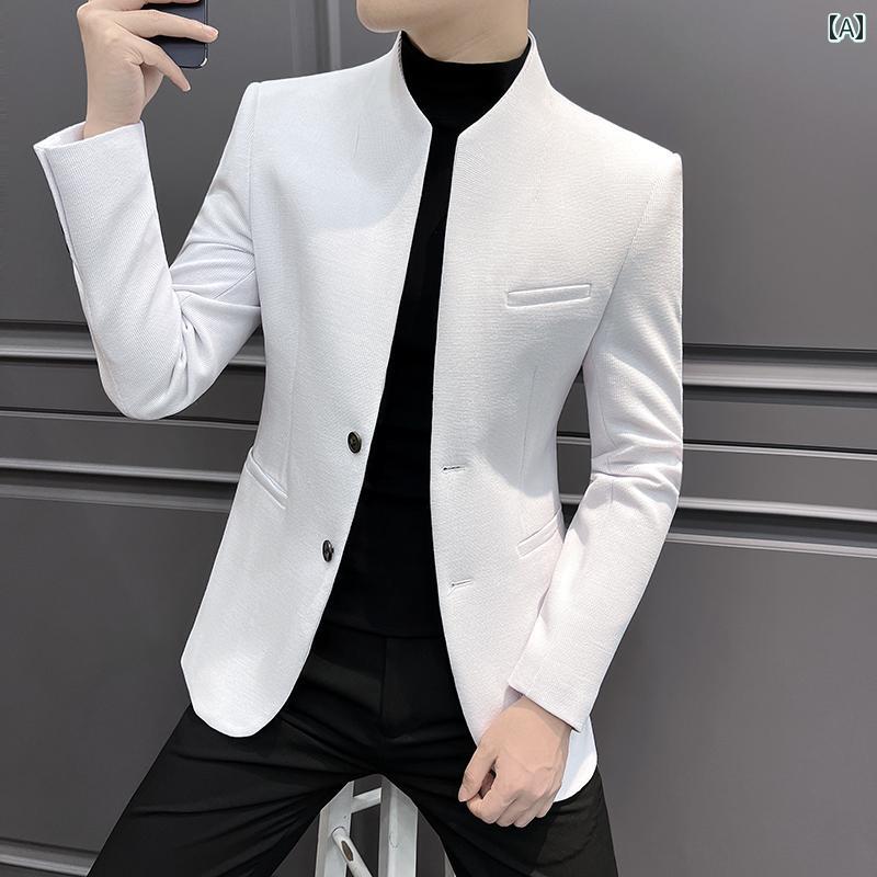 スーツ　ジャケット　カジュアル スタンドカラー メンズスーツ ジャケット 2025 スタイル 中国 メンズ 服 チャイナ風 スリム カラーレス カジュアル スーツ
