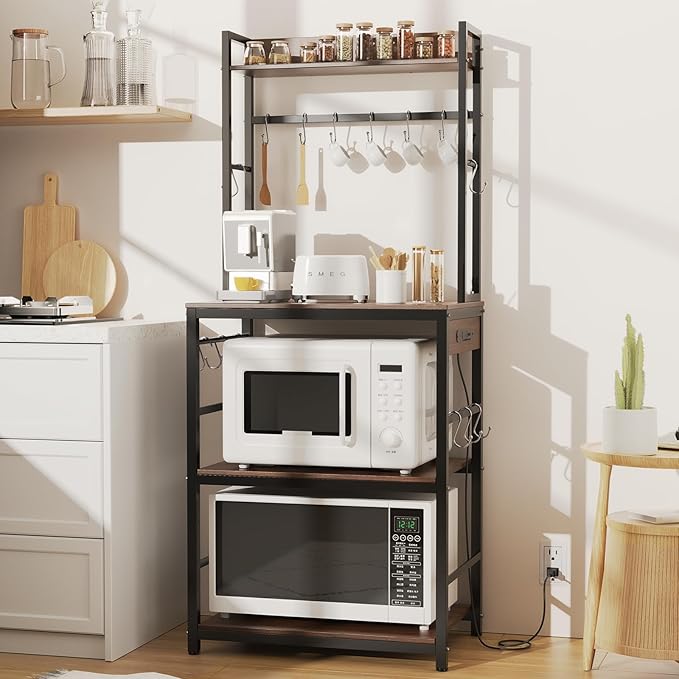 キッチンラック レンジ台 食器棚 大型レンジ対応 幅60CM×高さ149×奥行40 オープンラック 本棚 キッチン収納 ラック 木製 おしゃれ 組立簡単 スリム (ブラウン, 幅60cm)