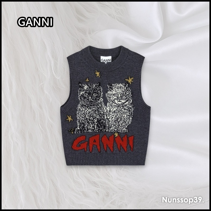 GANNI グラフィック ウール ミックス キャッツ ベスト