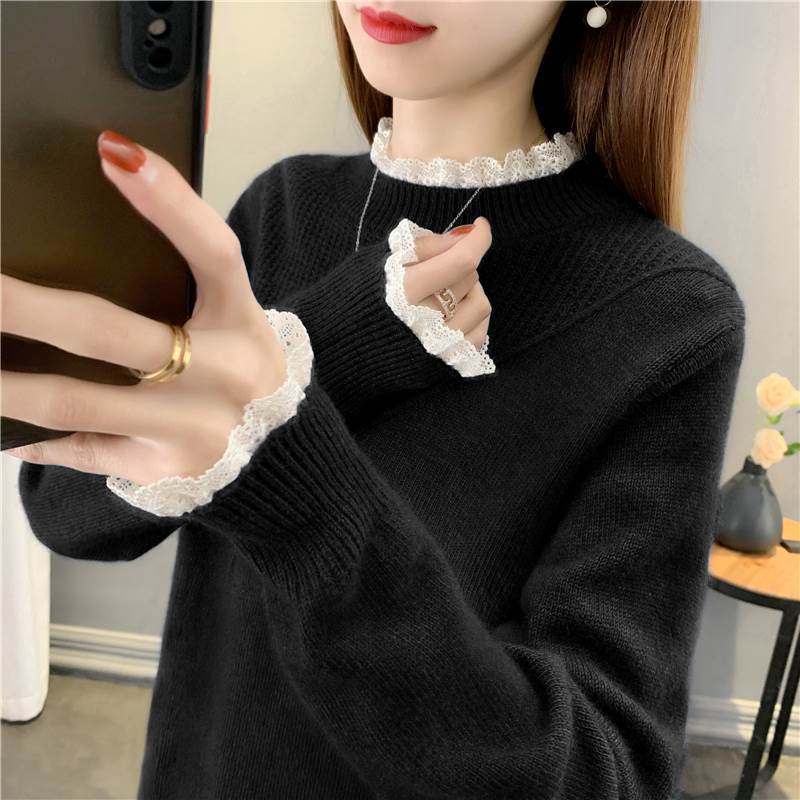 春秋 ルーズ セーター トップス セーター プルオーバー 上着 ショート丈 袖あり 長袖 フリル スクープネック レギュラー ヘッジング ルーズ 透け感 伸縮性 ルーズウエスト 薄手 異素材MIX か