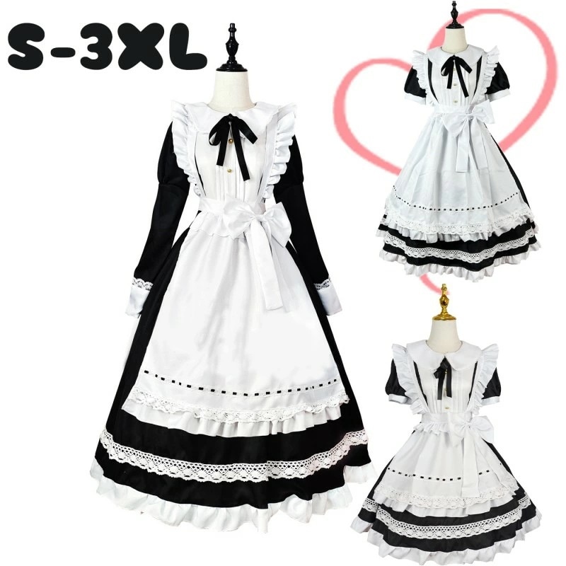 【最安挑戦】メイド服 ロング丈ワンピース ロリータワンピース メイド 可愛い フリル付き レースデザイン エプロン取り外し可 カチューシャ付き 髪飾り付き フリーサイズ 制服アレンジ 長袖メ