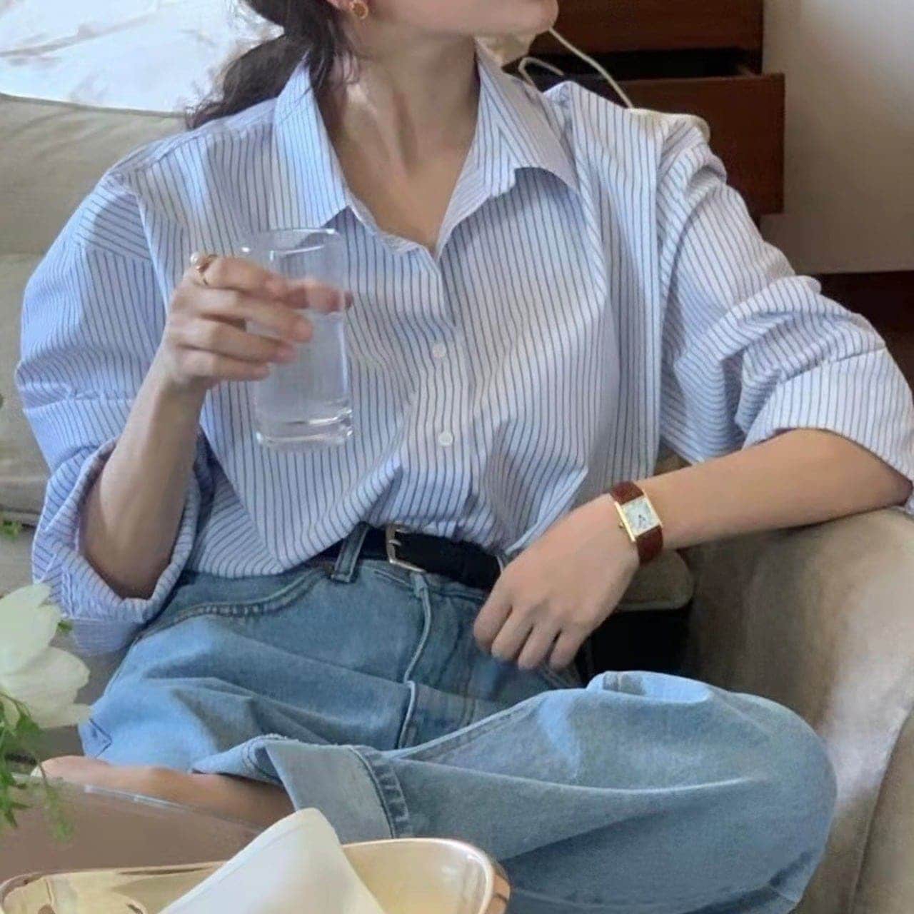 お出かけ 襟 白 韓国ファッション ストライプ かわいい 長袖 レディース スタンダードカラー 水色 24トップス ゆったり ボタン 青 シャツ おしゃれ