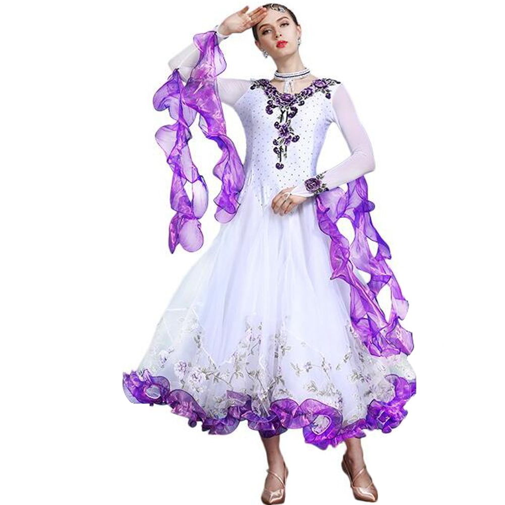 社交ダンス モダンドレス ワンピースドレス 大きい裾 豪華 演出服 花柄 スタンダードドレス キラキラビジュー付き インターナショナルダンス 競技会 ワルツ服 練習着 競技用 ステージ衣装 パーティ
