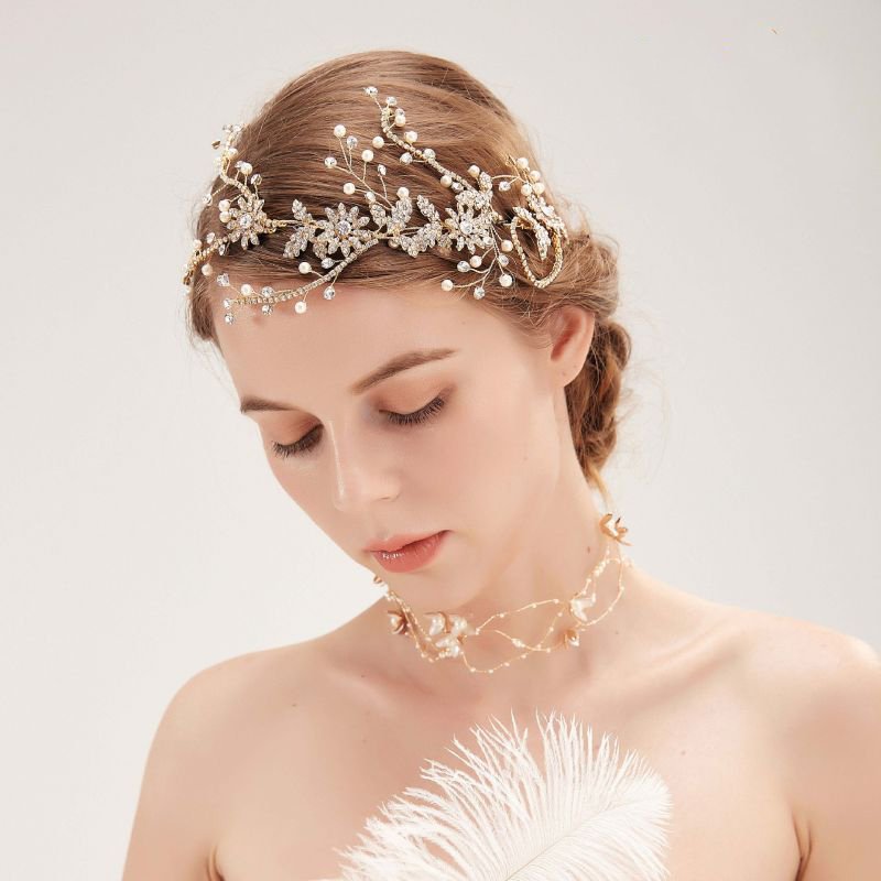 ウエディング ヘッドドレス 髪飾り 花嫁 ウェディング 結婚式 発表会 演奏会 披露宴 ブライダル パーティー 二次会 海外挙式 イベント ゴールド アクセサリー