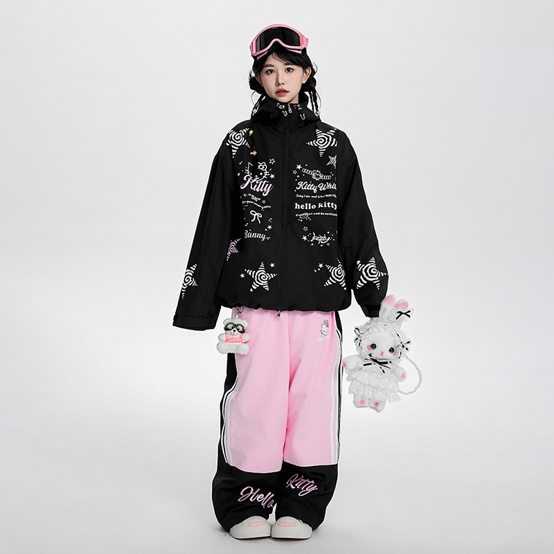 星柄 ストライプ柄 スノーボードウェア 2025 2026 ピンク 黒 ウサギの耳 スノパンツ スノウェア レディース スキーウェア スノボウェア コート スキー