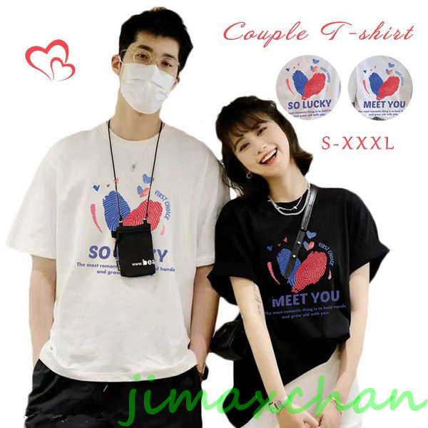新生活 【2枚セット】カップル ペアルック 夏服 ペアtシャツ 可愛い ハート柄 tシャツ トップス 大きいサイズ ペア カップル服 おしゃれ カップル ペア tシャツ
