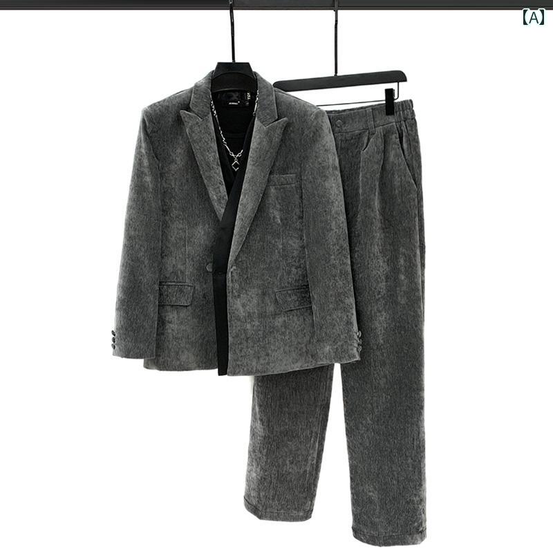 メンズ スーツ 上下セット ファッション コーデュロイ 高級感 スエード ツーピース セットアップ 秋冬 カジュアル パンツ ジャケット スラックス シンプル 紳士 モダン デイリー シック
