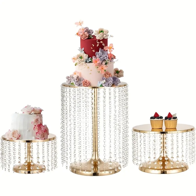 結婚式用ケーキスタンドセット3点メタルラウンドケーキスタンドアクリルペンダントパン 誕生日パーティー・ウェディングバンケット記念日クリスマステーデザートディスプレイスタンド