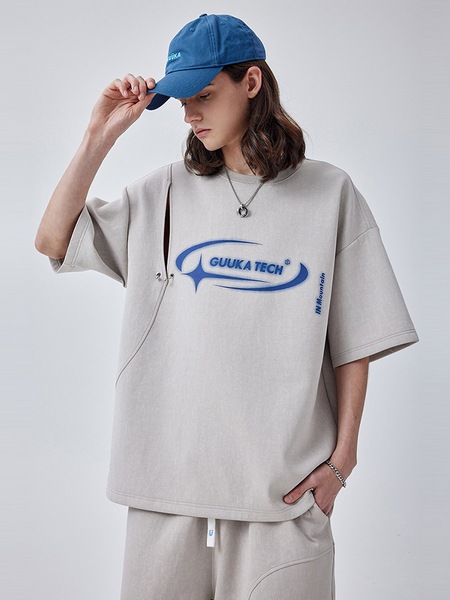 グレーのレトロ風中空ラウンドネック半袖Tシャツ