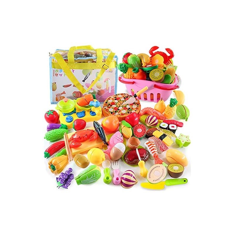 Button Moon おままごとセット 60PCS キッチンおもちゃ バスケット付き 知育玩具 子供 果物 野菜 DIY寿司 海鮮 食品衛生法に合格 ままごと用調理器具 親子遊び おもちゃ プレゼン